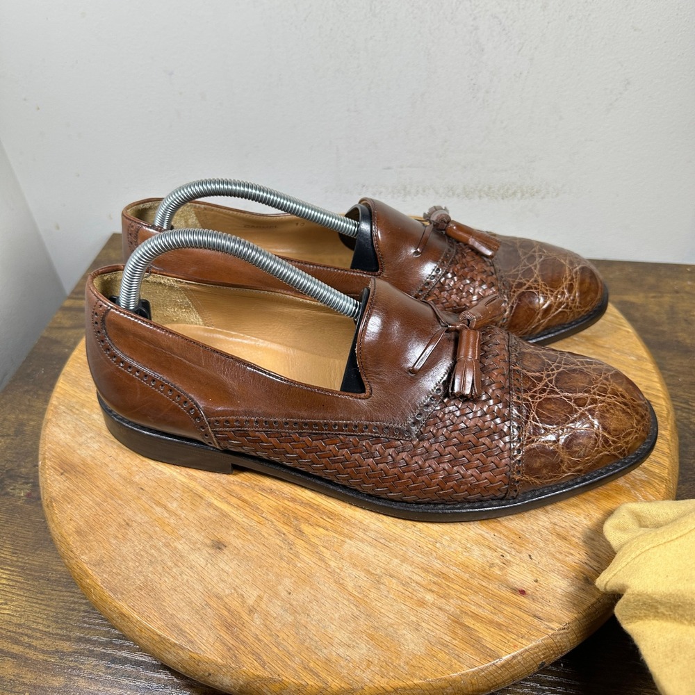 Mezlan Carmel Mens 10W Brown Genuine Crocodile Woven Leather Tassel Loafers